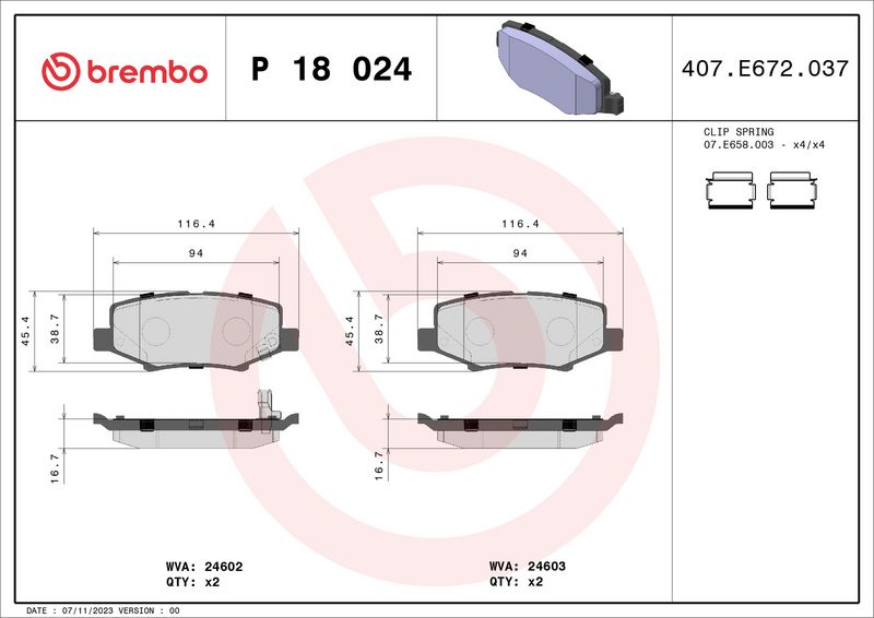 BREMBO Kit pastiglie freno, Freno a disco P 18 024